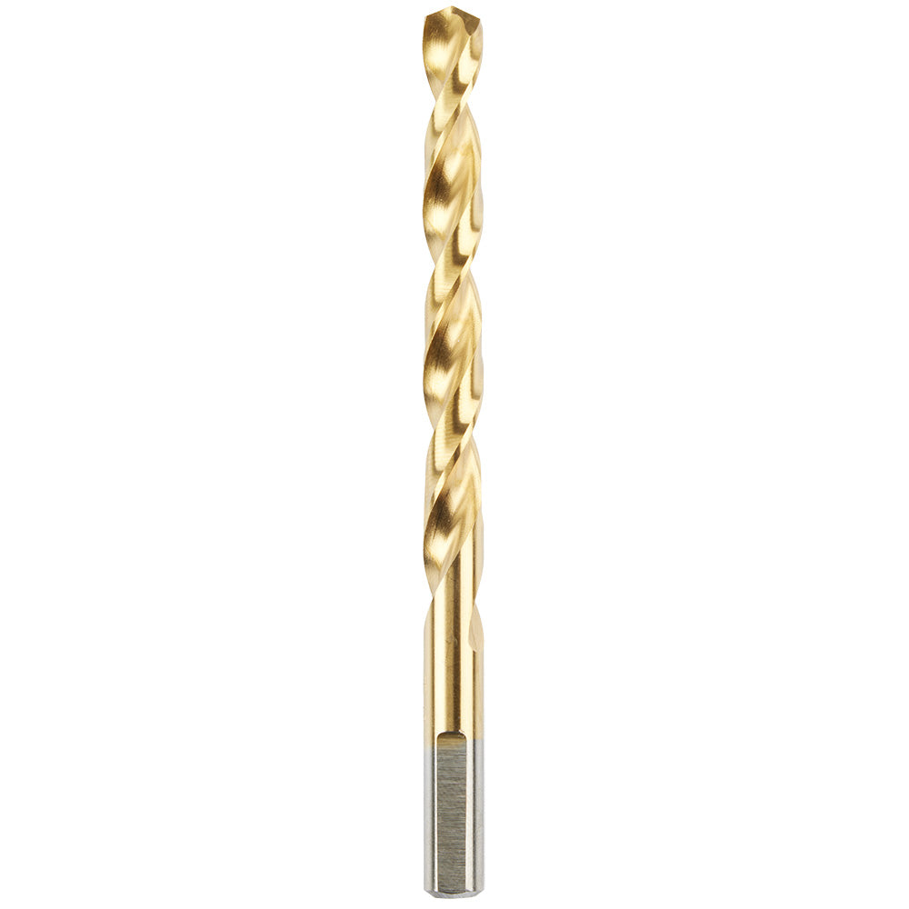 Gold-colored titanium-coated twist drill bit with fluted shaft and cylindrical shank.