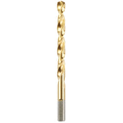 Gold-colored titanium-coated twist drill bit with fluted shaft and cylindrical shank.