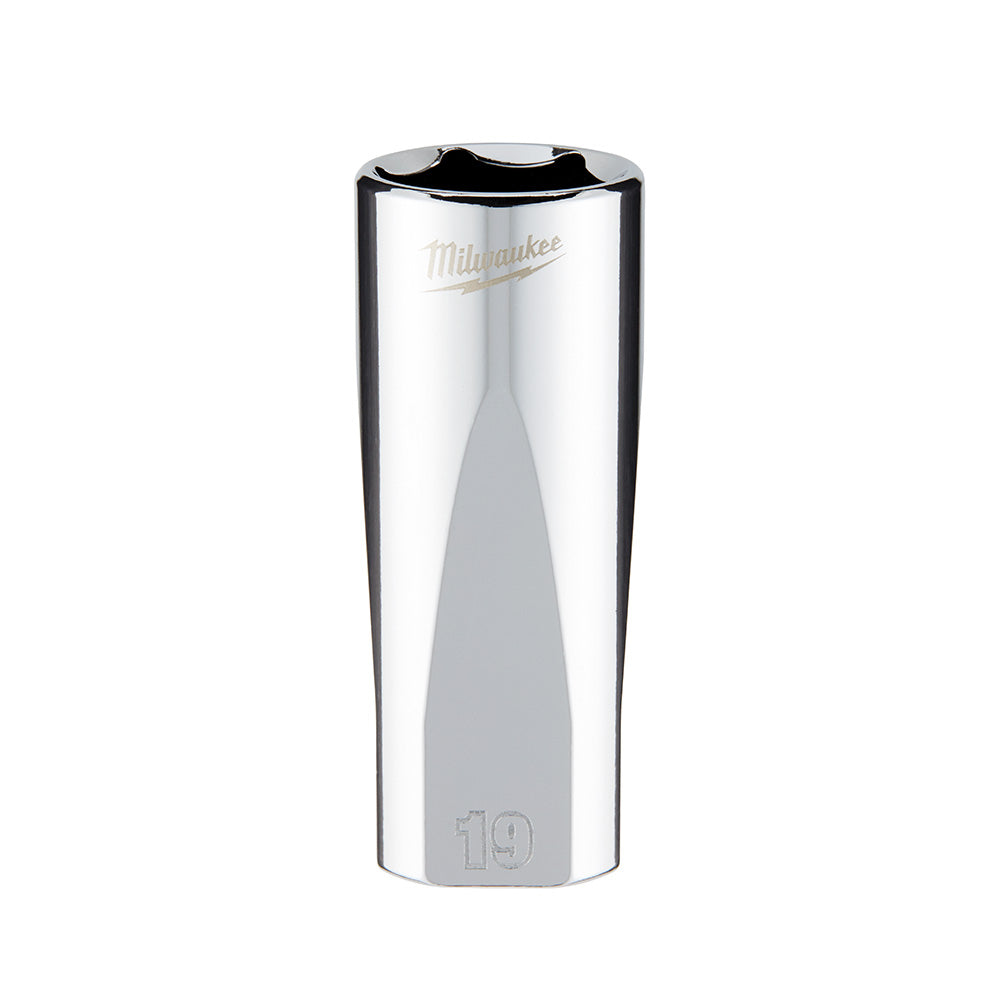 Polished chrome deep socket with 6-point opening and "19" marking on the body.