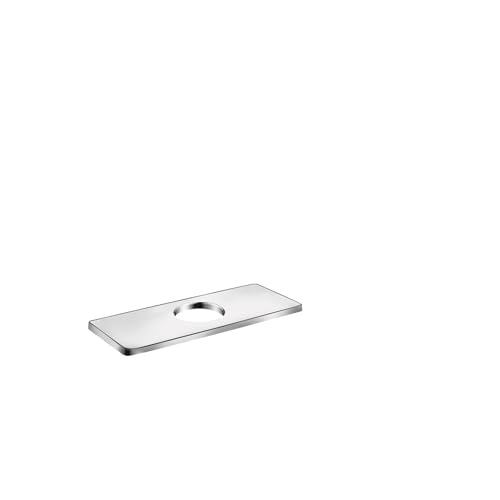 Chrome rectangular base plate with center hole for single-hole faucet installation.