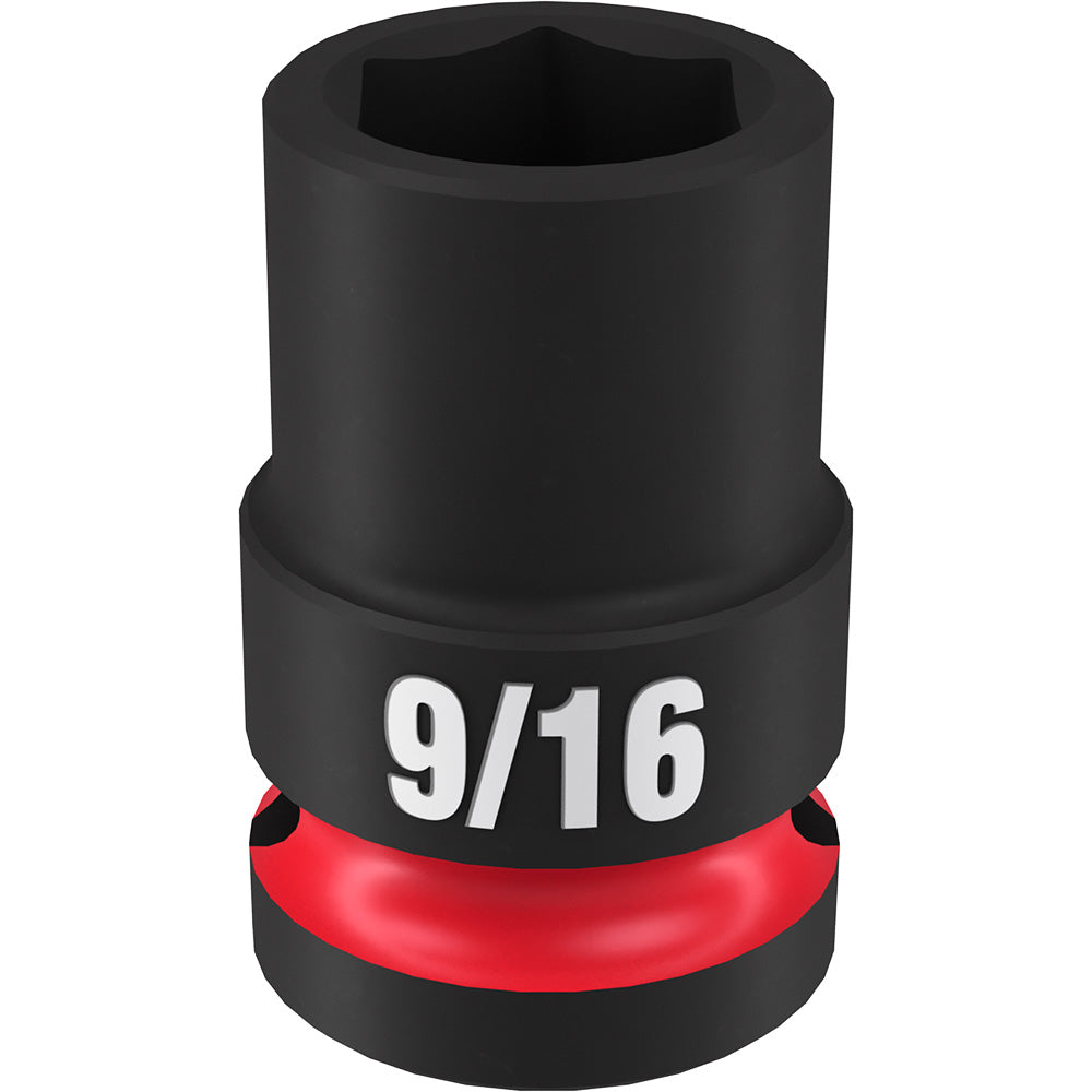 Black 9/16" six-point socket with red grip band and 1/2" drive connection on white background.