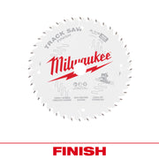 Milwaukee 6-1/2" 40-tooth track saw blade with white surface and red Milwaukee branding.