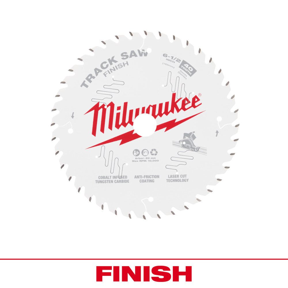 Milwaukee 6-1/2" 40-tooth track saw blade with white surface and red Milwaukee branding.