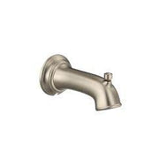 Brushed nickel tub spout with angled outlet and diverter lever on cylindrical body.