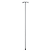 Chrome ceiling-mounted shower arm with square flange and straight vertical pipe design.