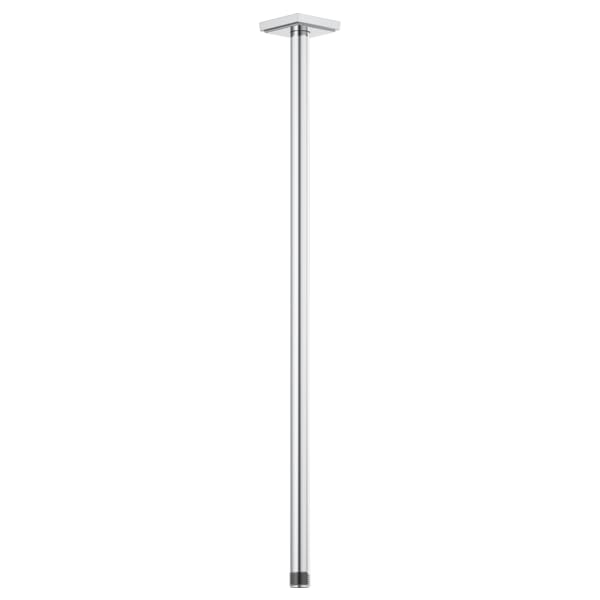 Chrome ceiling-mounted shower arm with square flange and straight vertical pipe design.