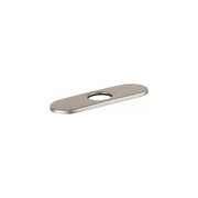 Brushed nickel oval base plate with single center hole for faucet mounting.