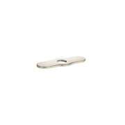 Polished nickel curved base plate with single center hole for faucet installation.