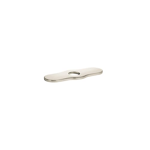 Polished nickel curved base plate with single center hole for faucet installation.