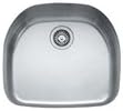 Stainless steel single bowl kitchen sink with ledge and drain hole, viewed from above.