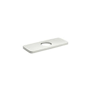 Brushed nickel rectangular base plate with single centered hole for faucet installation.