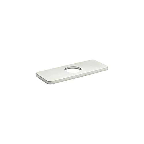 Brushed nickel rectangular base plate with single centered hole for faucet installation.