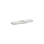 Chrome base plate with elongated oval shape and single center hole for faucet installation.