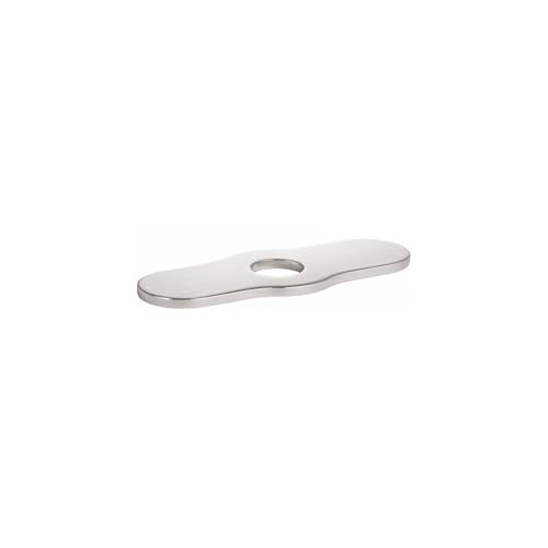 Chrome base plate with elongated oval shape and single center hole for faucet installation.