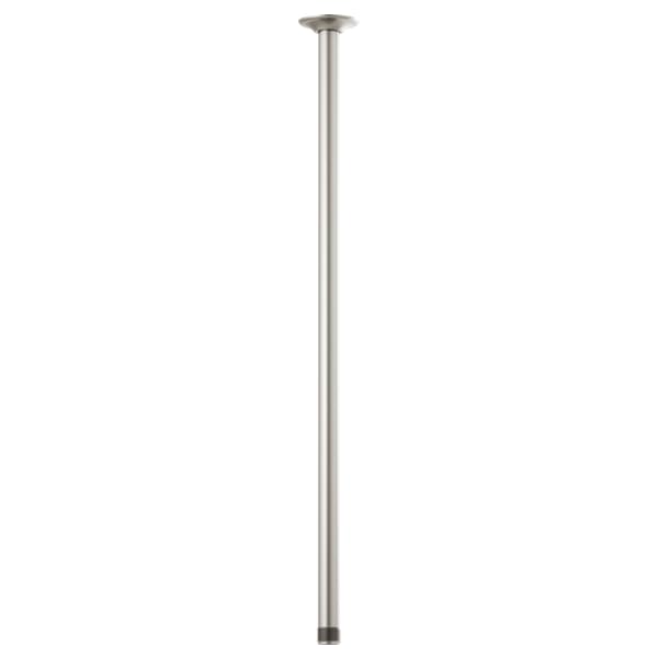 Brushed nickel ceiling-mounted shower arm, 24 inches long, with round flange connection at top.
