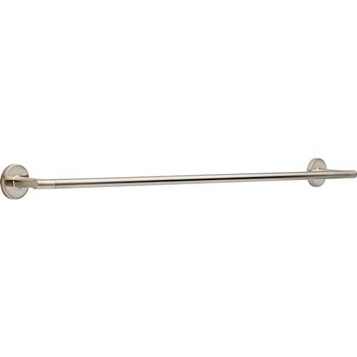 Brushed nickel towel bar with circular wall-mounted brackets on each end.