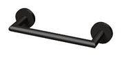 Black metal hand towel bar with circular wall-mounted end caps and horizontal rod.