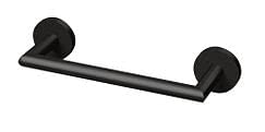 Black metal hand towel bar with circular wall-mounted end caps and horizontal rod.