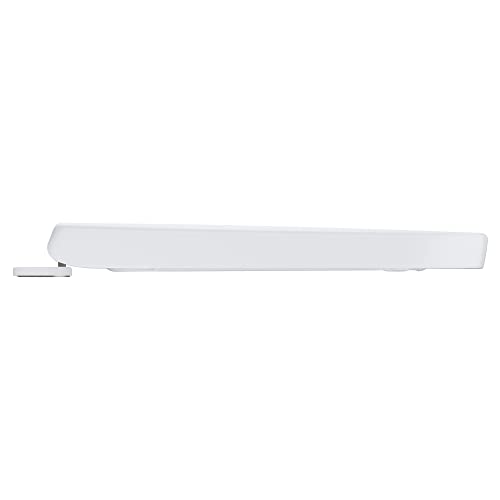 White elongated toilet seat with hinge mechanism on left side, shown from above.