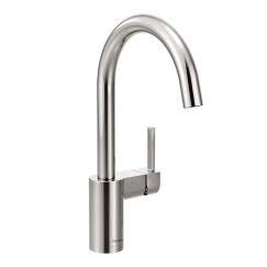 Moen kitchen faucet with single handle and curved pull-down spout in brushed stainless steel finish.