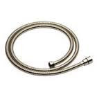 Luxe nickel universal shower handshower hose with gaskets coiled on white background.