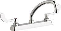 Chrome deck mount faucet with curved spout and wristblade handles, 8-inch centers.