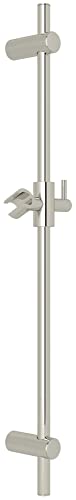 Polished nickel slide bar with adjustable hand shower holder and two mounting brackets.