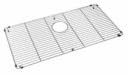 Stainless steel sink grid with rectangular compartments and corner feet.