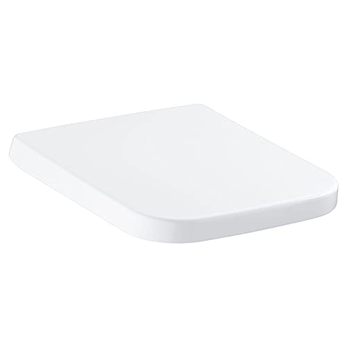 White elongated toilet seat with rounded corners and modern design.