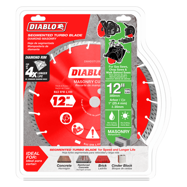 12-inch red diamond segmented turbo masonry cut-off disc with segmented rim on retail packaging.