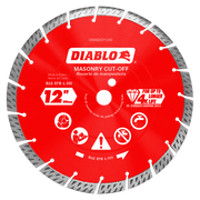Red diamond masonry cut-off disc, 12 inches diameter, with gray segmented edge and center arbor hole.