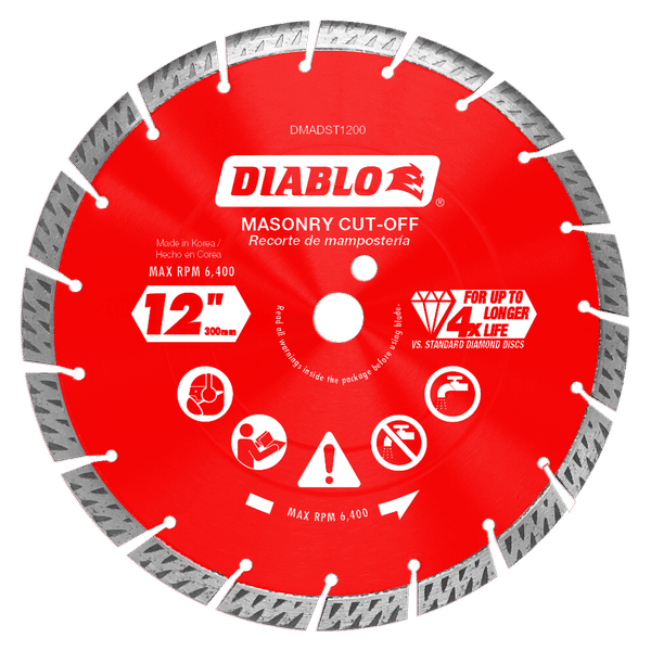 Red diamond masonry cut-off disc, 12 inches diameter, with gray segmented edge and center arbor hole.