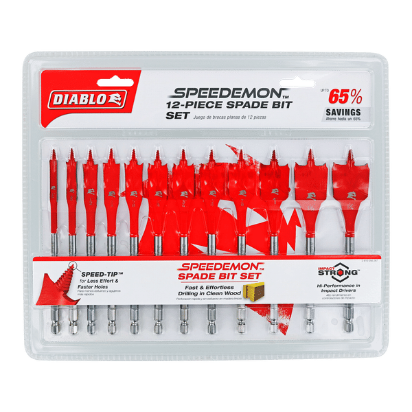 Diablo Speedemon 12-piece spade bit set with red bits and silver shanks in clear plastic case.