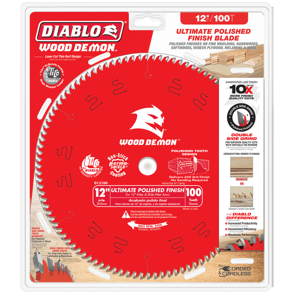 Red circular saw blade with 100 teeth, white Diablo Wood Demon branding, mounted on packaging card.