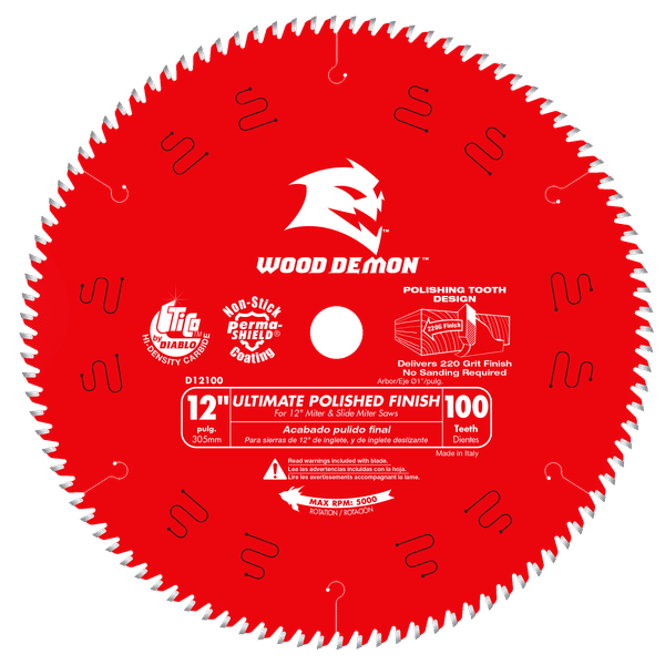 Red circular saw blade with 100 teeth, white center hole, and Wood Demon branding with polishing tooth design markings.