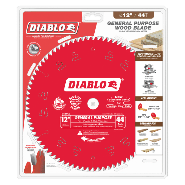 Red Diablo circular saw blade with 44 teeth displayed in clear plastic packaging with product specifications and application 