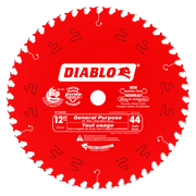 Diablo red circular saw blade with 44 white teeth around perimeter and center hole.