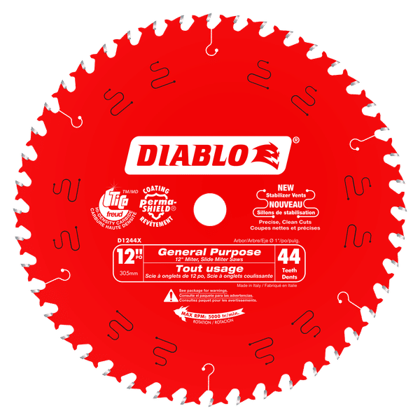 Diablo red circular saw blade with 44 white teeth around perimeter and center hole.