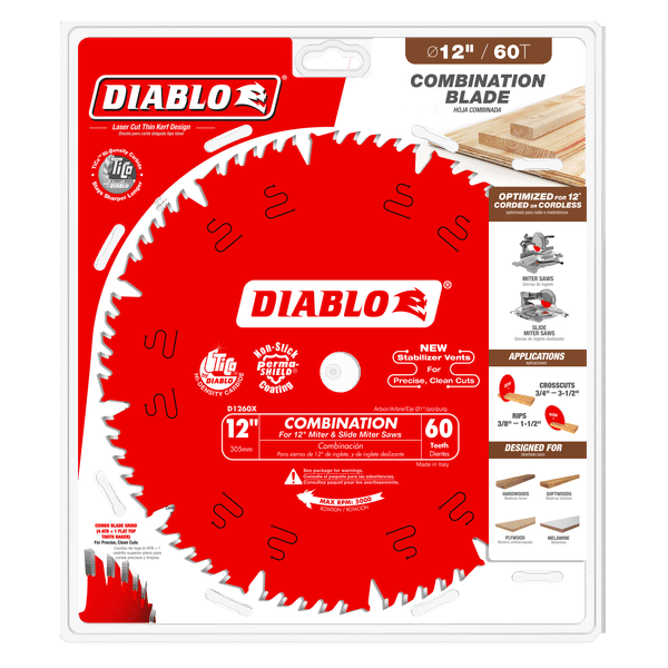 Red Diablo 12-inch circular saw blade with 60 teeth in packaging displaying specifications and application examples.