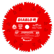 Red circular saw blade with 60 teeth, white center hole, and Diablo branding marked for 12-inch miter and slide miter saws.