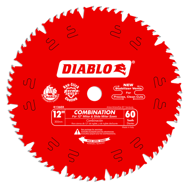 Red circular saw blade with 60 teeth, white center hole, and Diablo branding marked for 12-inch miter and slide miter saws.