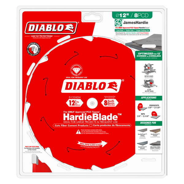 Diablo HardieBlade 12-inch circular saw blade with 8 teeth in red packaging on clear backing card.
