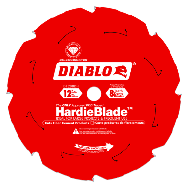 Red Diablo HardieBlade circular saw blade with 8 teeth, 12 inch diameter, designed for cutting fiber cement products.
