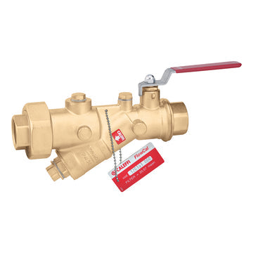 Brass Y-strainer with 1/2" NPT connections, integral ball valve with red handle, and drain port with red tag.