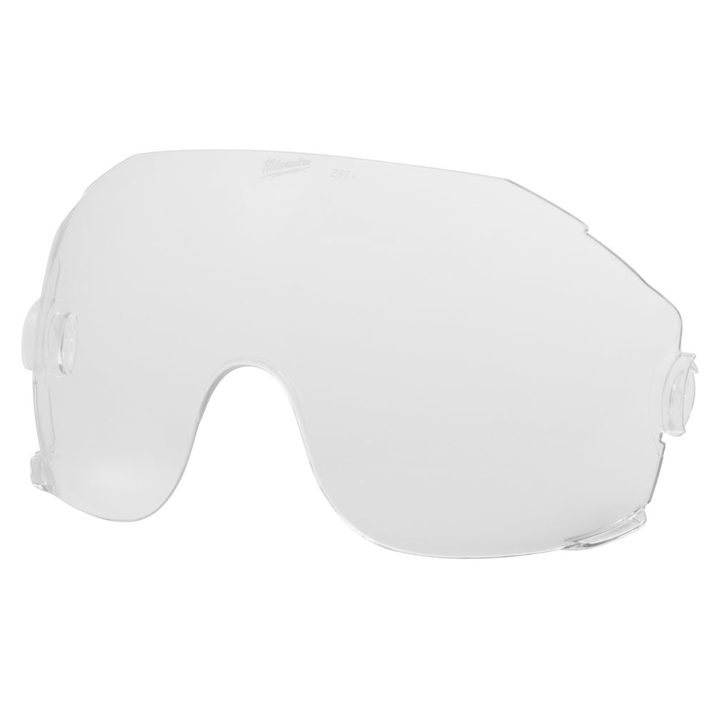 Clear replacement visor lens with curved design and side attachment points for eye protection gear.