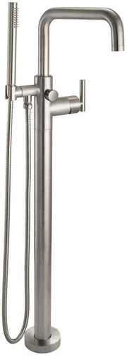 Polished brass floor-mount tub filler with curved spout, dual lever handles, and detachable handheld showerhead.