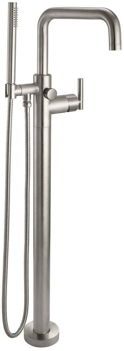 Polished brass floor-mount tub filler with curved spout, dual lever handles, and detachable handheld showerhead.