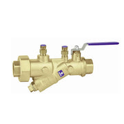Brass pressure independent balancing valve with 3/4 inch NPT connections, purple valve handles, and gauge ports.