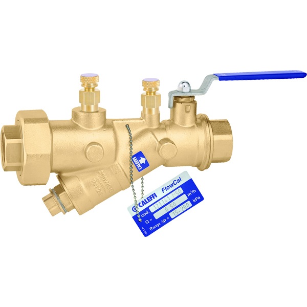 Brass pressure independent balancing valve with 1-1/4 inch sweat connections, blue lever handle, and Flow-Cal calibration tag