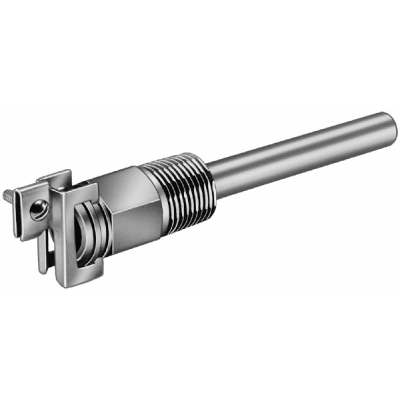 Honeywell 121371A 1/2" stainless steel aquastat well with threaded connection and mounting bracket.
